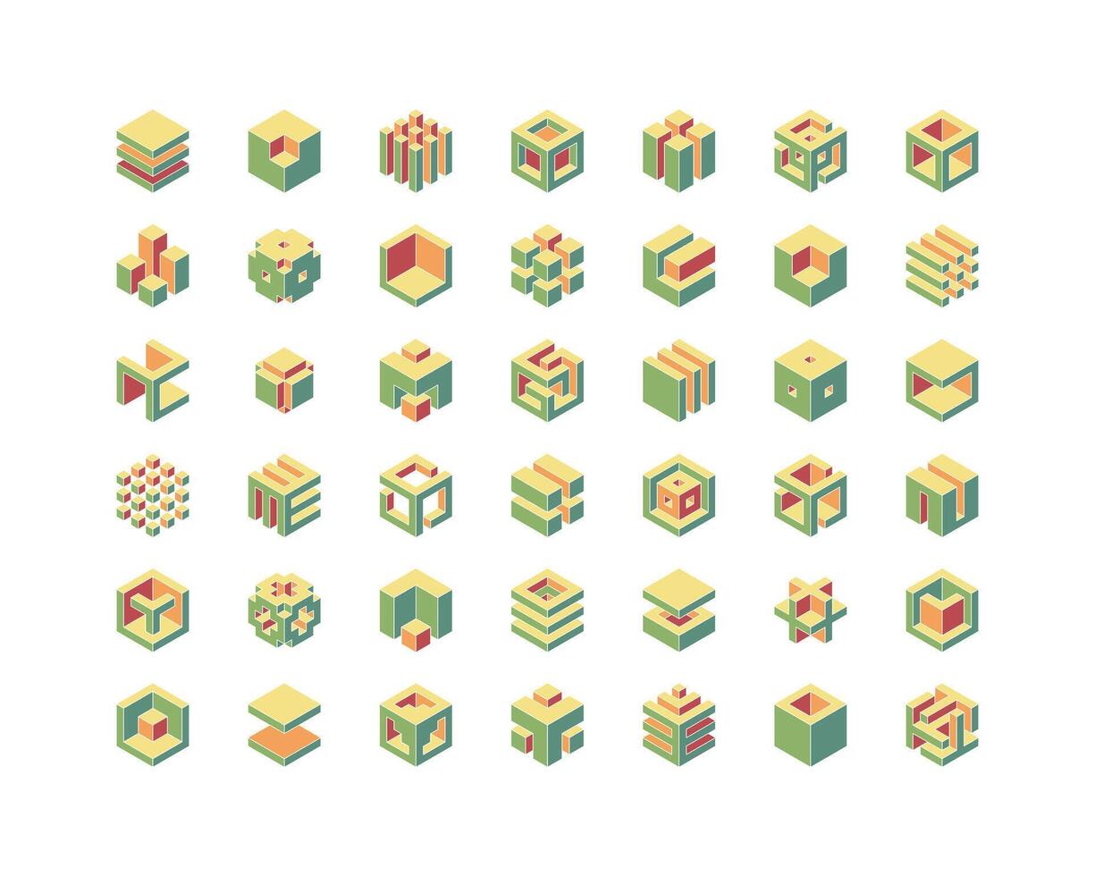 Cube logo, geometric design. Set box logotype company, trendy techno emblem in isometric 3D style. vector