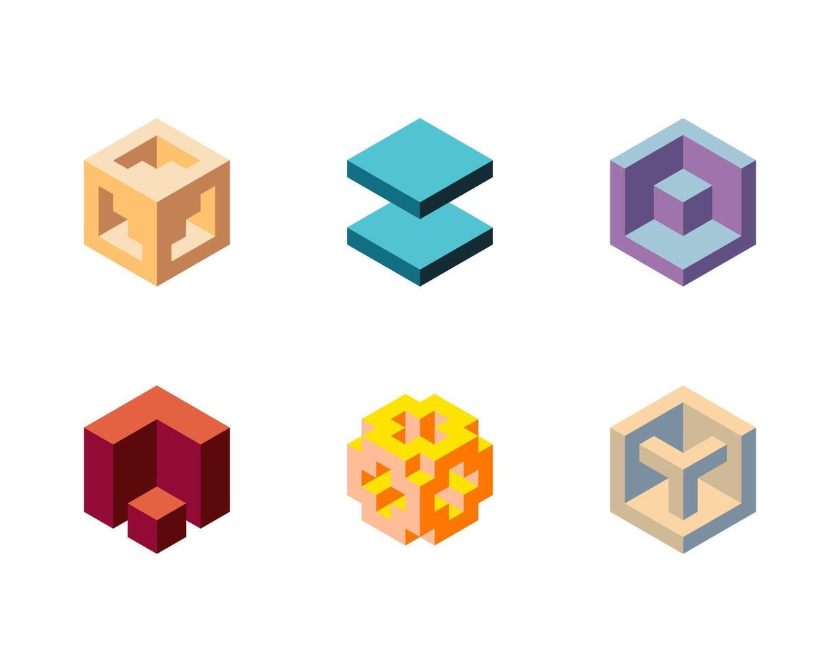 Cube logo, geometric design. Set box logotype company, trendy techno emblem in isometric 3D style. vector