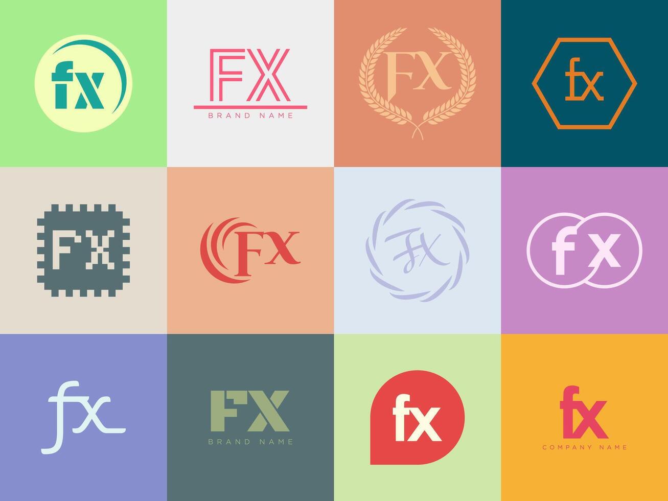 FX logo company template. Letter f and x logotype. Set different classic serif lettering and modern bold text with design elements. Initial font typography. vector