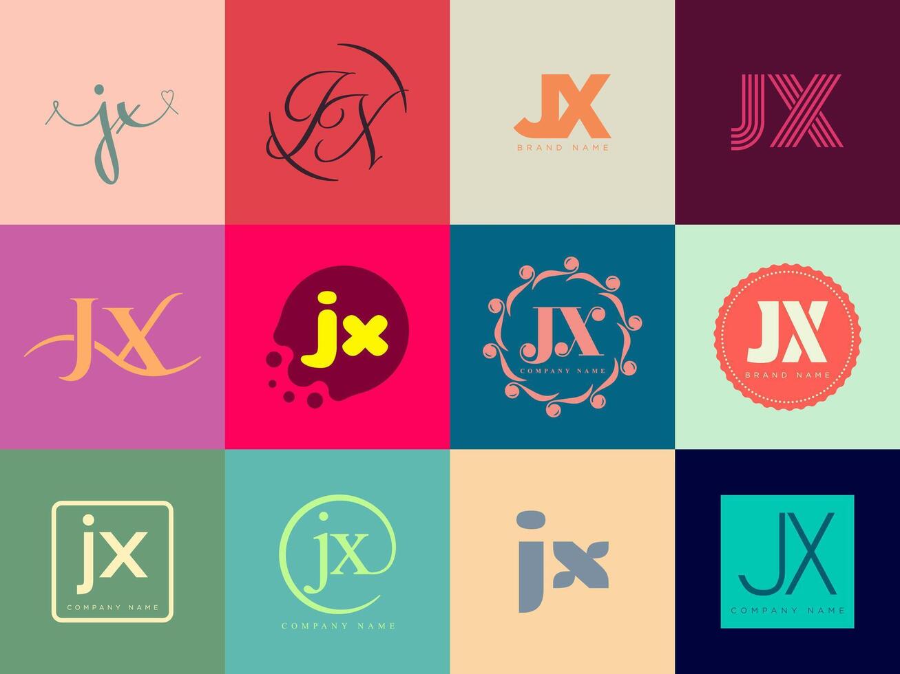 JX logo company template. Letter j and x logotype. Set different classic serif lettering and modern bold text with design elements. Initial font typography. vector
