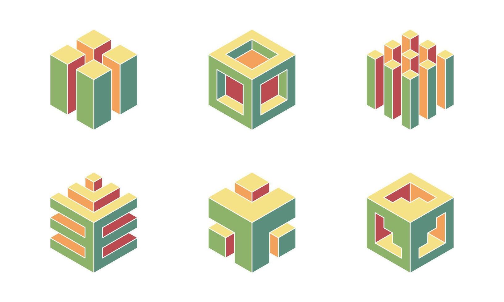 Cube logo, geometric design. Set box logotype company, trendy techno emblem in isometric 3D style. vector