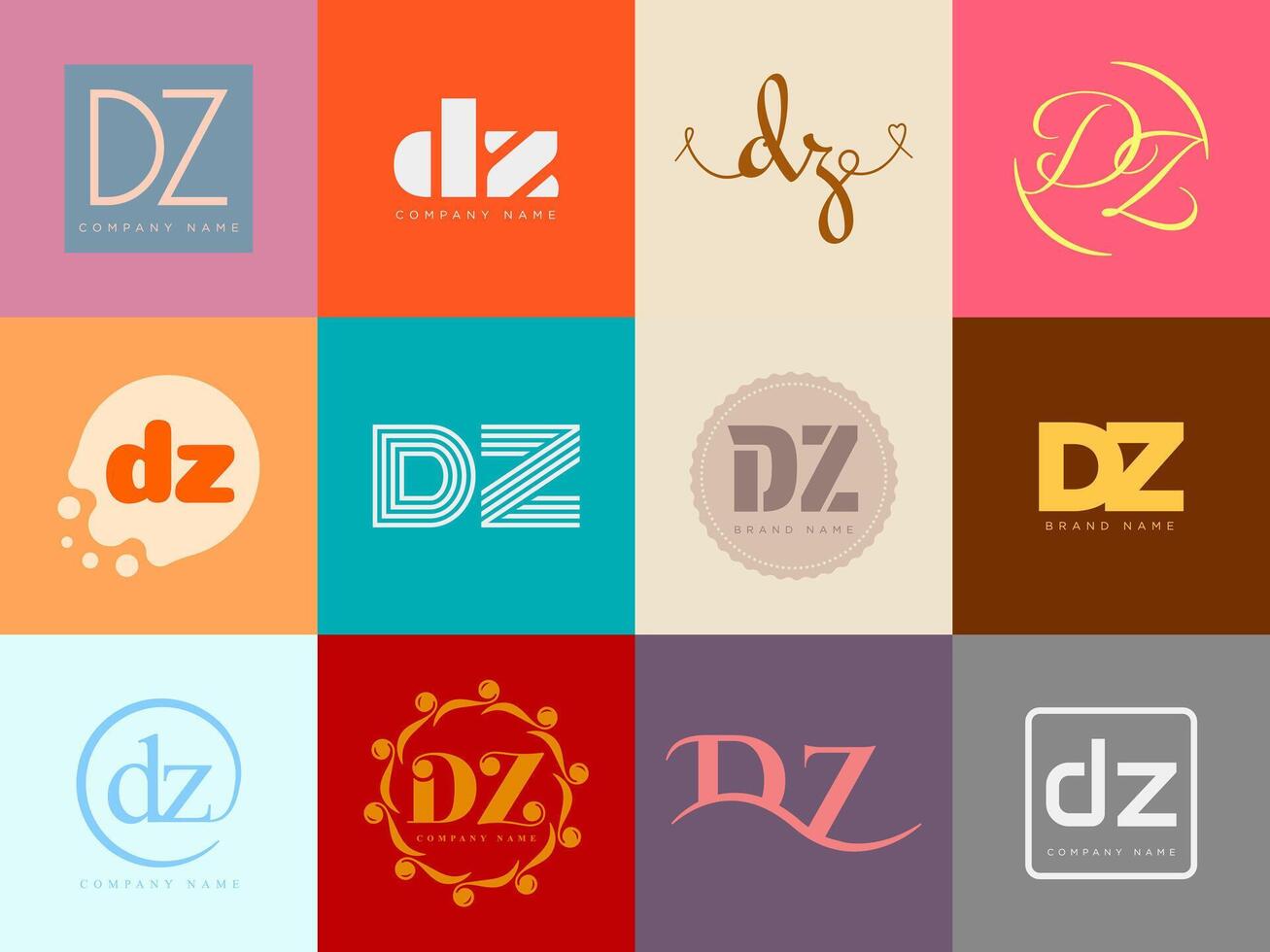 DZ logo company template. Letter d and z logotype. Set different classic serif lettering and modern bold text with design elements. Initial font typography. vector