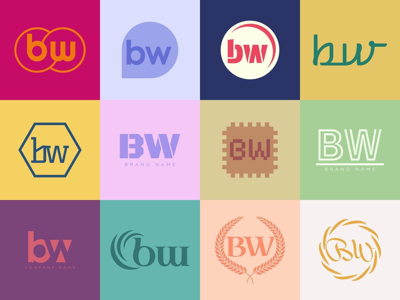 BW logo company template. Letter b and w logotype. Set different classic serif lettering and modern bold text with design elements. Initial font typography. vector