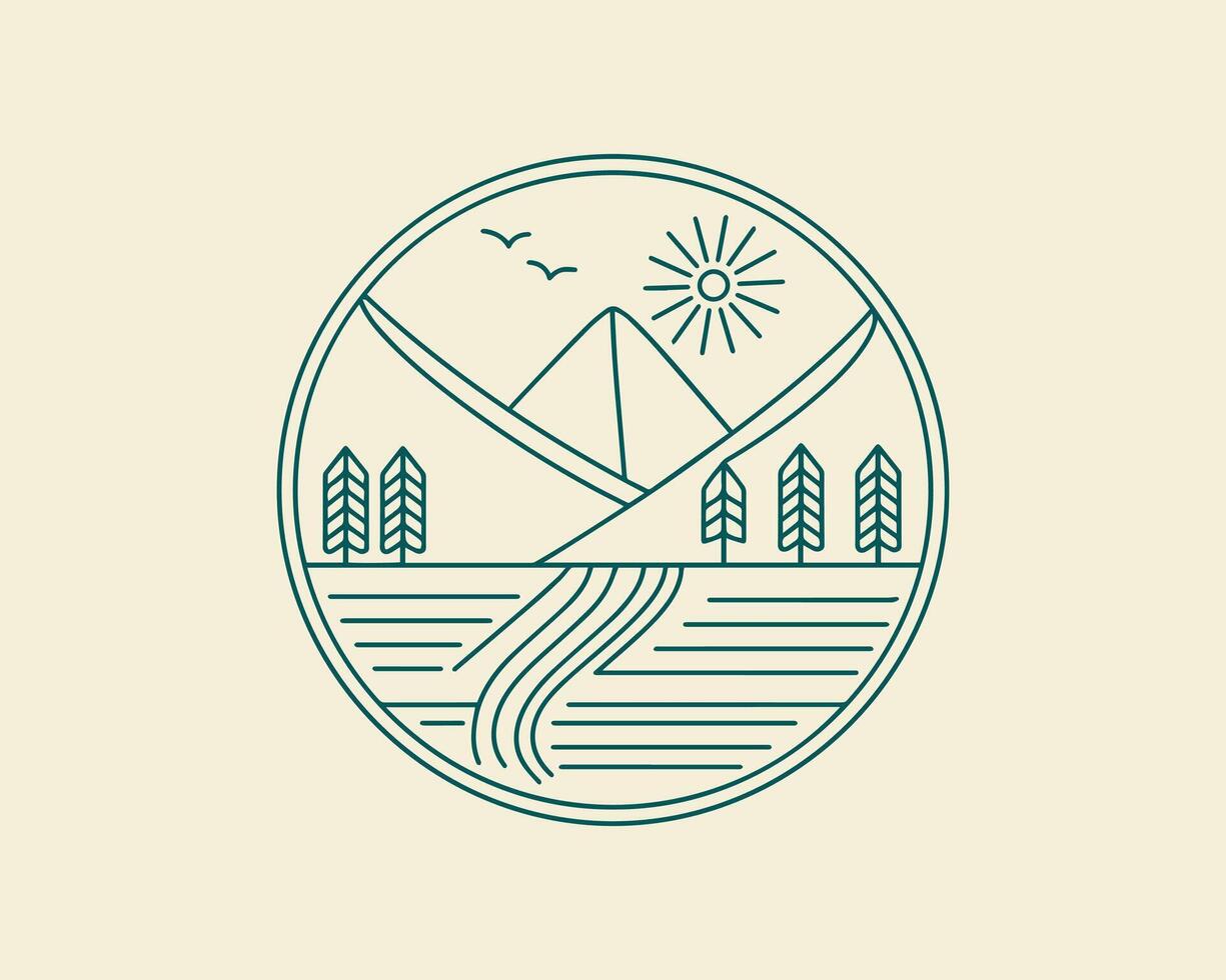 Nature and travel line art boho outdoor badge or emblem. Round bohemian logo design. Modern symbol in trendy minimalist lineart style. Perfect for apparel prints or posters. vector