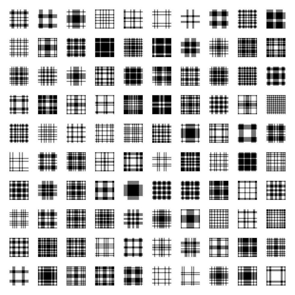 Plaid tartan pattern seamless big set. One hundred original and unique patterns. checkered plaids fabric texture black white flat design. vector