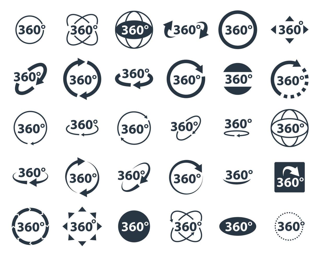 360 degrees icon set. Rotate arrow, VR reality panoramic symbol. Wide degree view icons. Virtual tour or game sign. vector