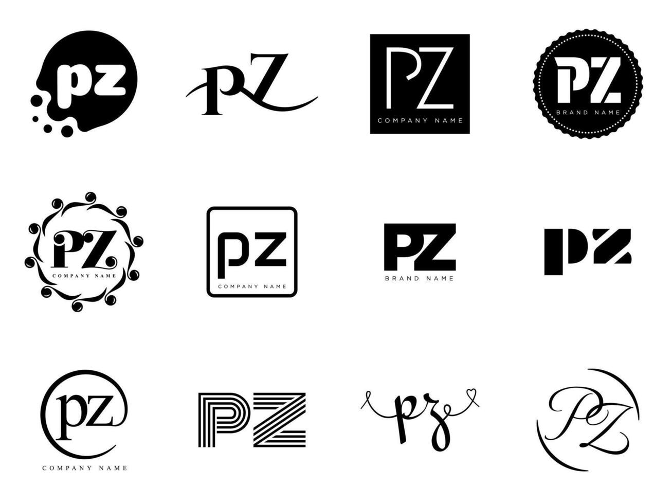 PZ logo company template. Letter p and z logotype. Set different classic serif lettering and modern bold text with design elements. Initial font typography. vector