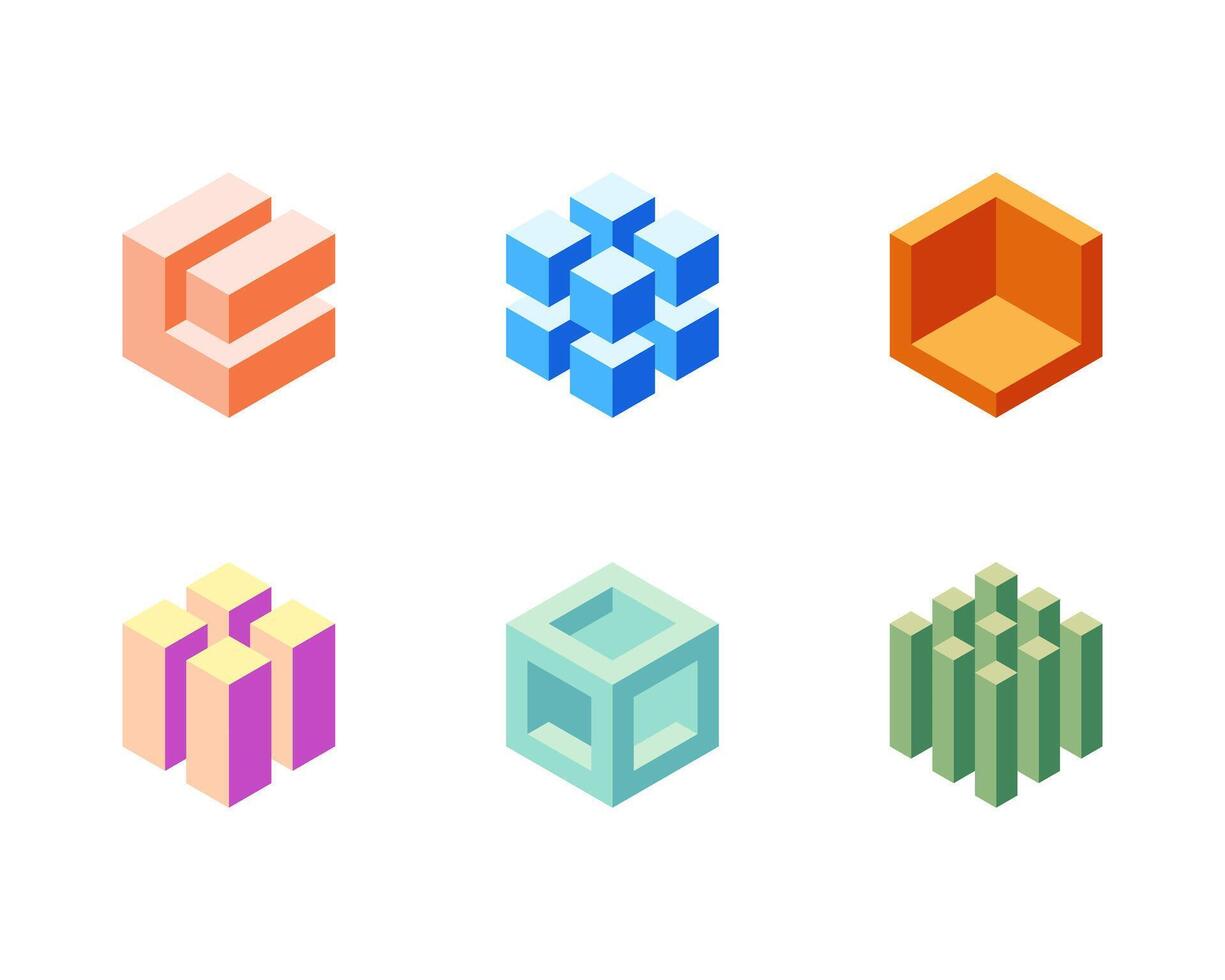 Cube logo, geometric design. Set box logotype company, trendy techno emblem in isometric 3D style. vector