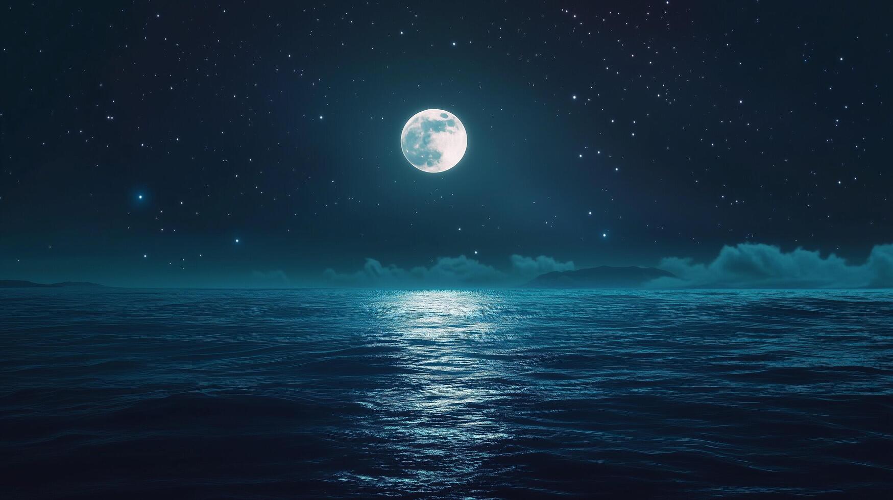 Night ocean landscape full moon and stars shine cool background photo