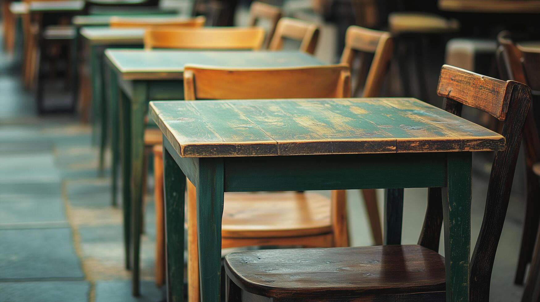 school chairs and tables in row photo