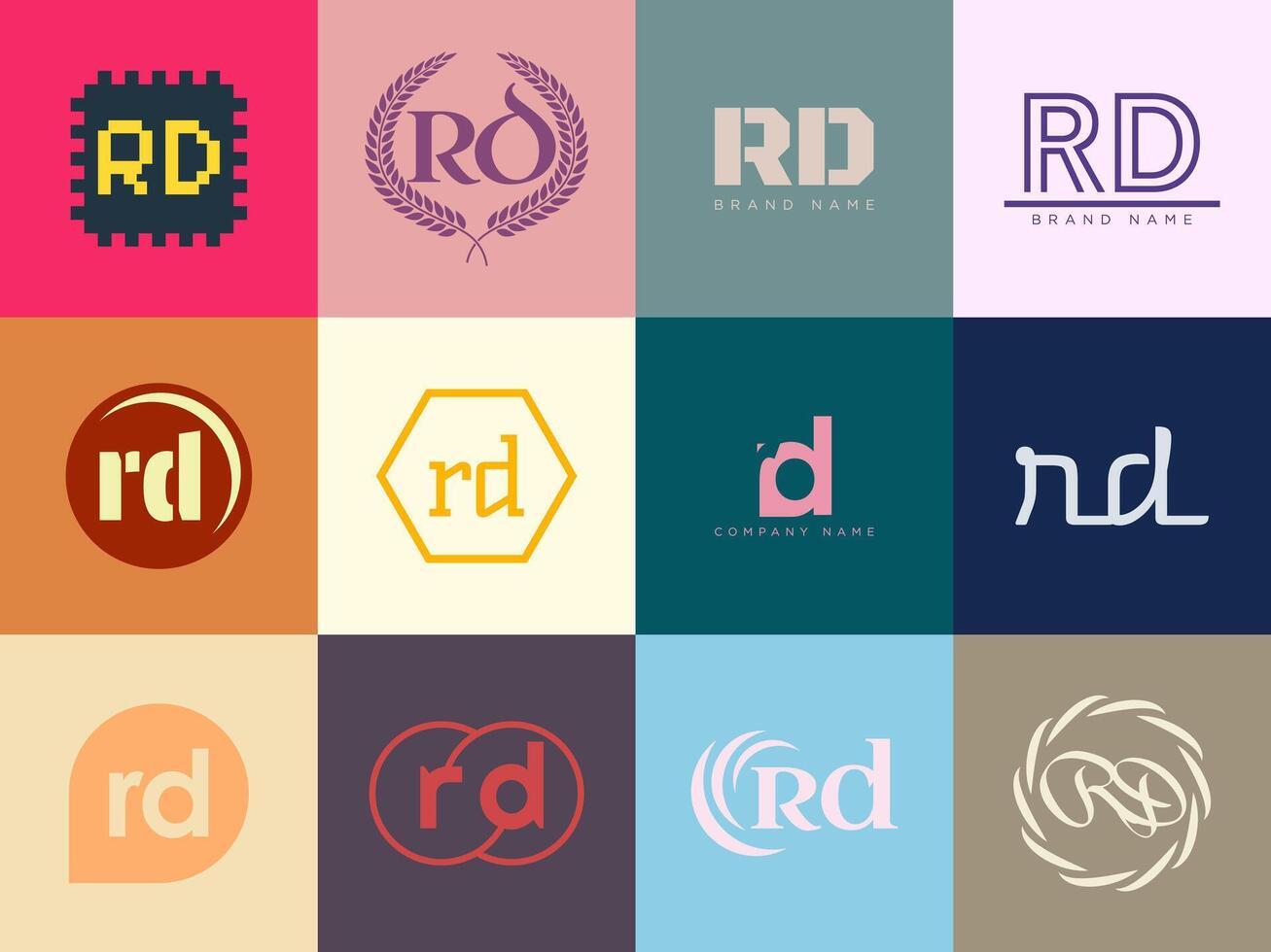 RD logo company template. Letter r and d logotype. Set different classic serif lettering and modern bold text with design elements. Initial font typography. vector