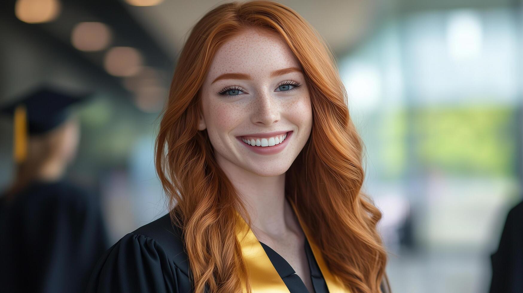 Beautiful redhead female graduate smiling photo