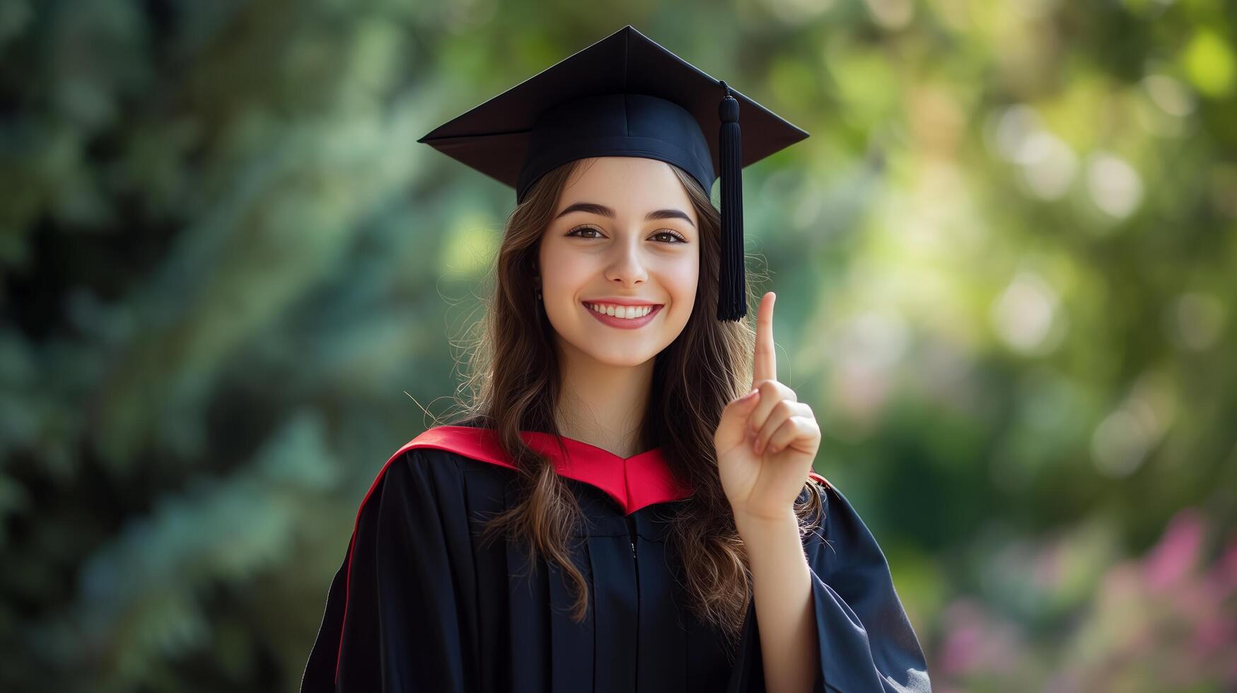 Beautiful graduate girl in graduation robe shows ok photo