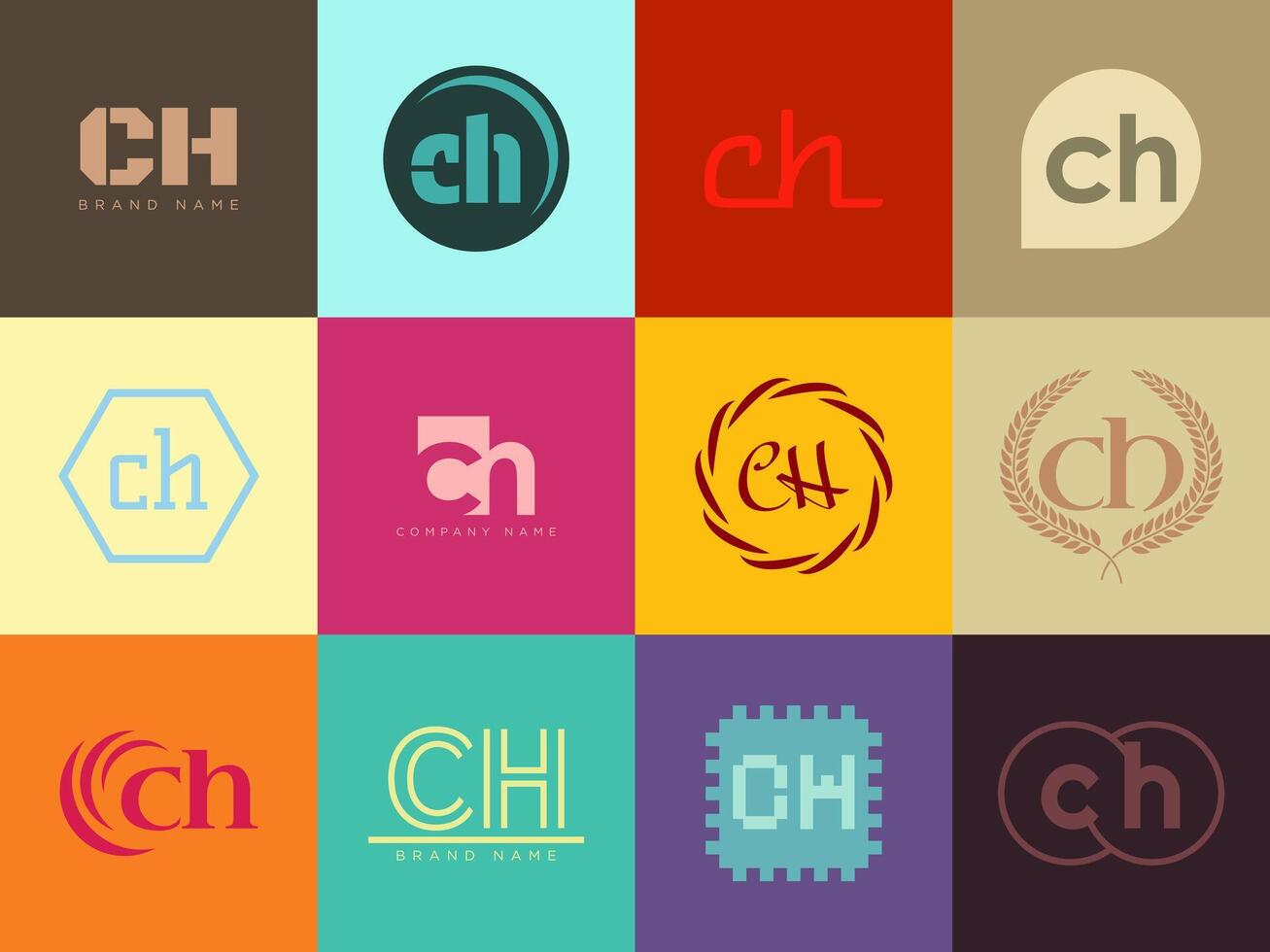 CH logo company template. Letter c and h logotype. Set different classic serif lettering and modern bold text with design elements. Initial font typography. vector