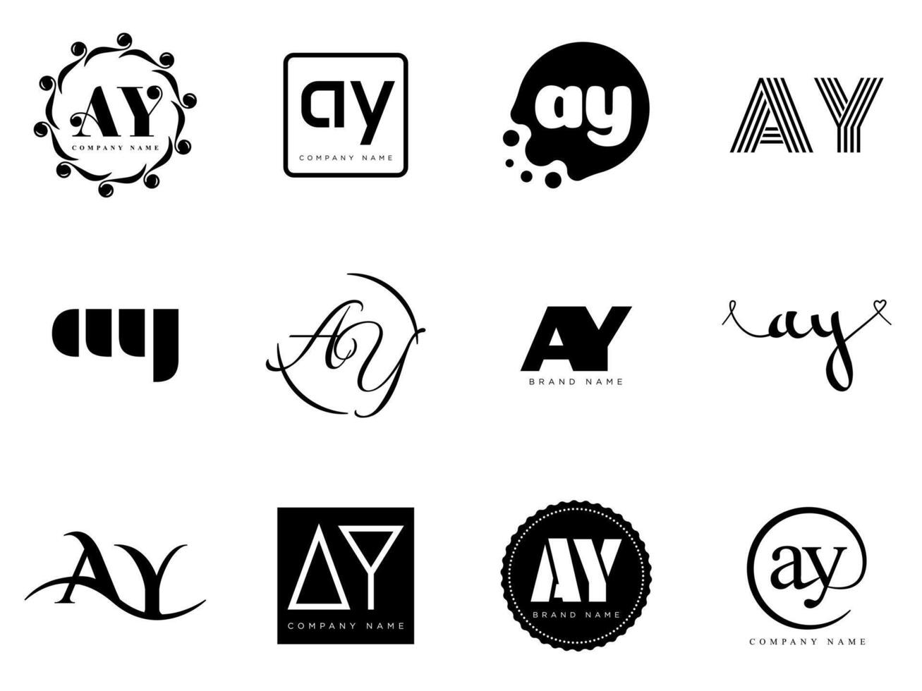 AY logo company template. Letter a and y logotype. Set different classic serif lettering and modern bold text with design elements. Initial font typography. vector