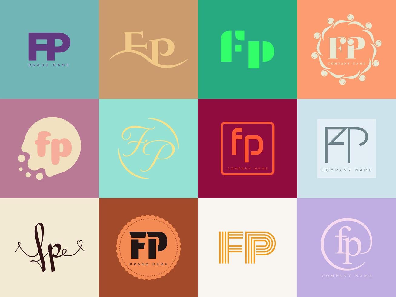FP logo company template. Letter f and p logotype. Set different classic serif lettering and modern bold text with design elements. Initial font typography. vector