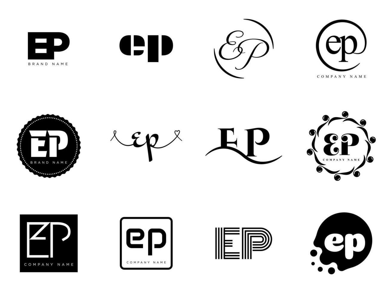 EP logo company template. Letter e and p logotype. Set different classic serif lettering and modern bold text with design elements. Initial font typography. vector