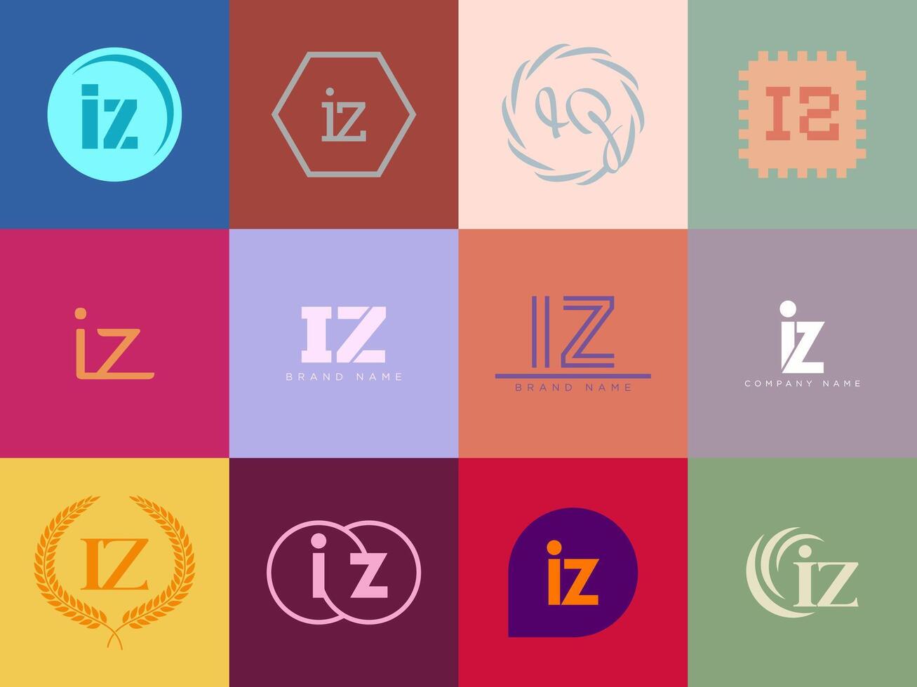 IZ logo company template. Letter i and z logotype. Set different classic serif lettering and modern bold text with design elements. Initial font typography. vector