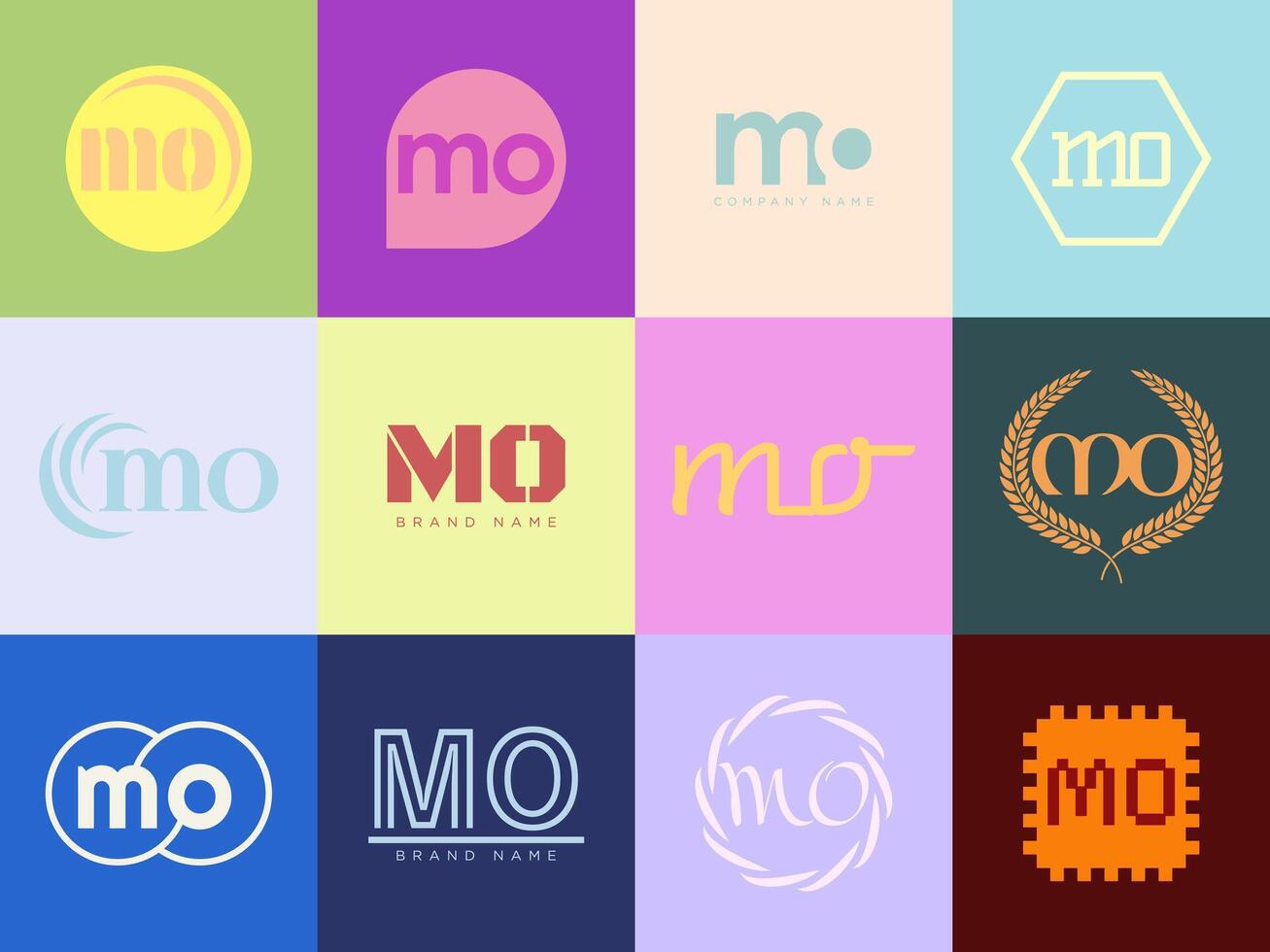 MO logo company template. Letter m and o logotype. Set different classic serif lettering and modern bold text with design elements. Initial font typography. vector