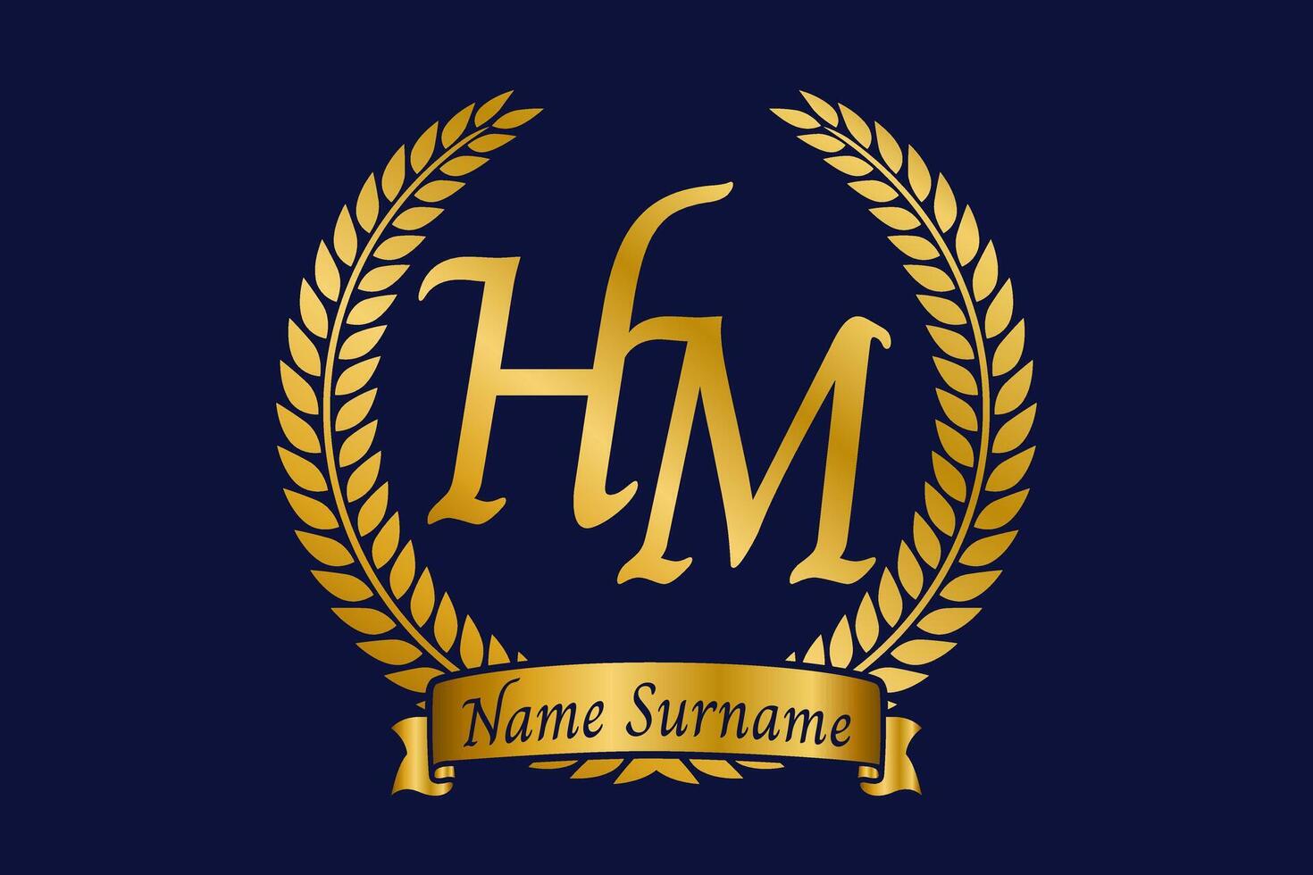 Initial letter H and M, HM monogram logo design with laurel wreath. Luxury golden calligraphy font. vector