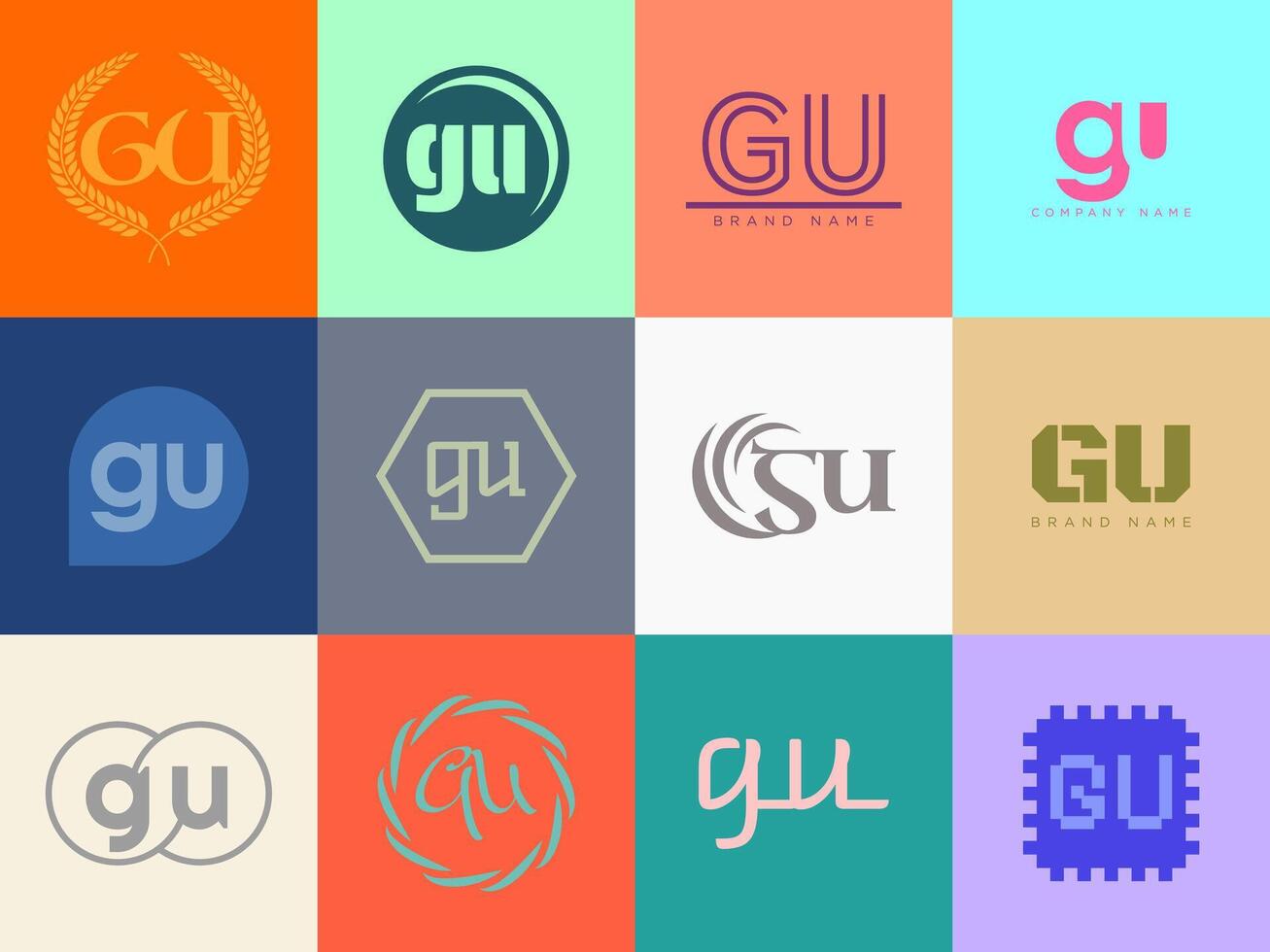 GU logo company template. Letter g and u logotype. Set different classic serif lettering and modern bold text with design elements. Initial font typography. vector