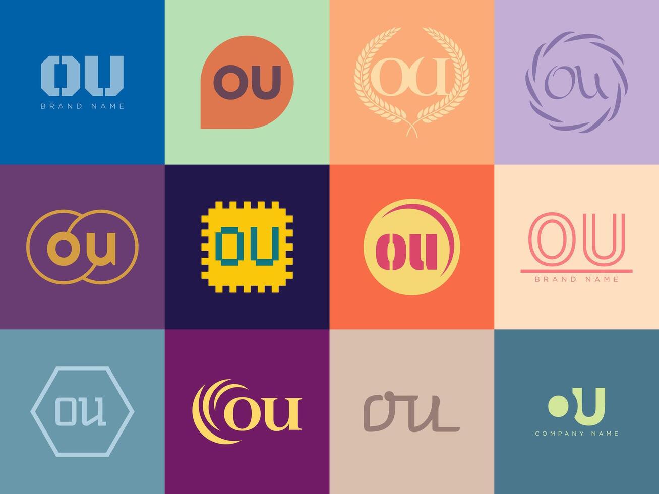 OU logo company template. Letter o and u logotype. Set different classic serif lettering and modern bold text with design elements. Initial font typography. vector