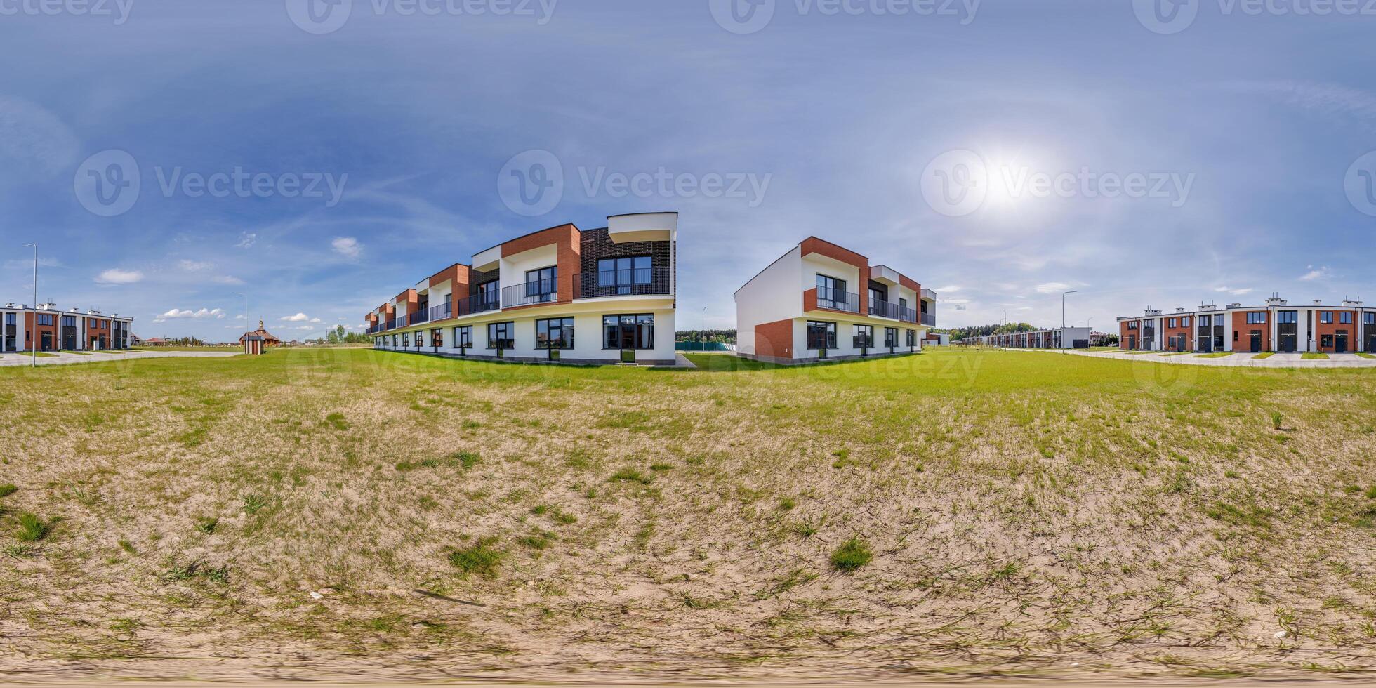 hdri 360 panorama in low-rise residential townhouse or public buildings complex with several multi-level apartments with isolated entrances in equirectangular spherical seamless projection photo