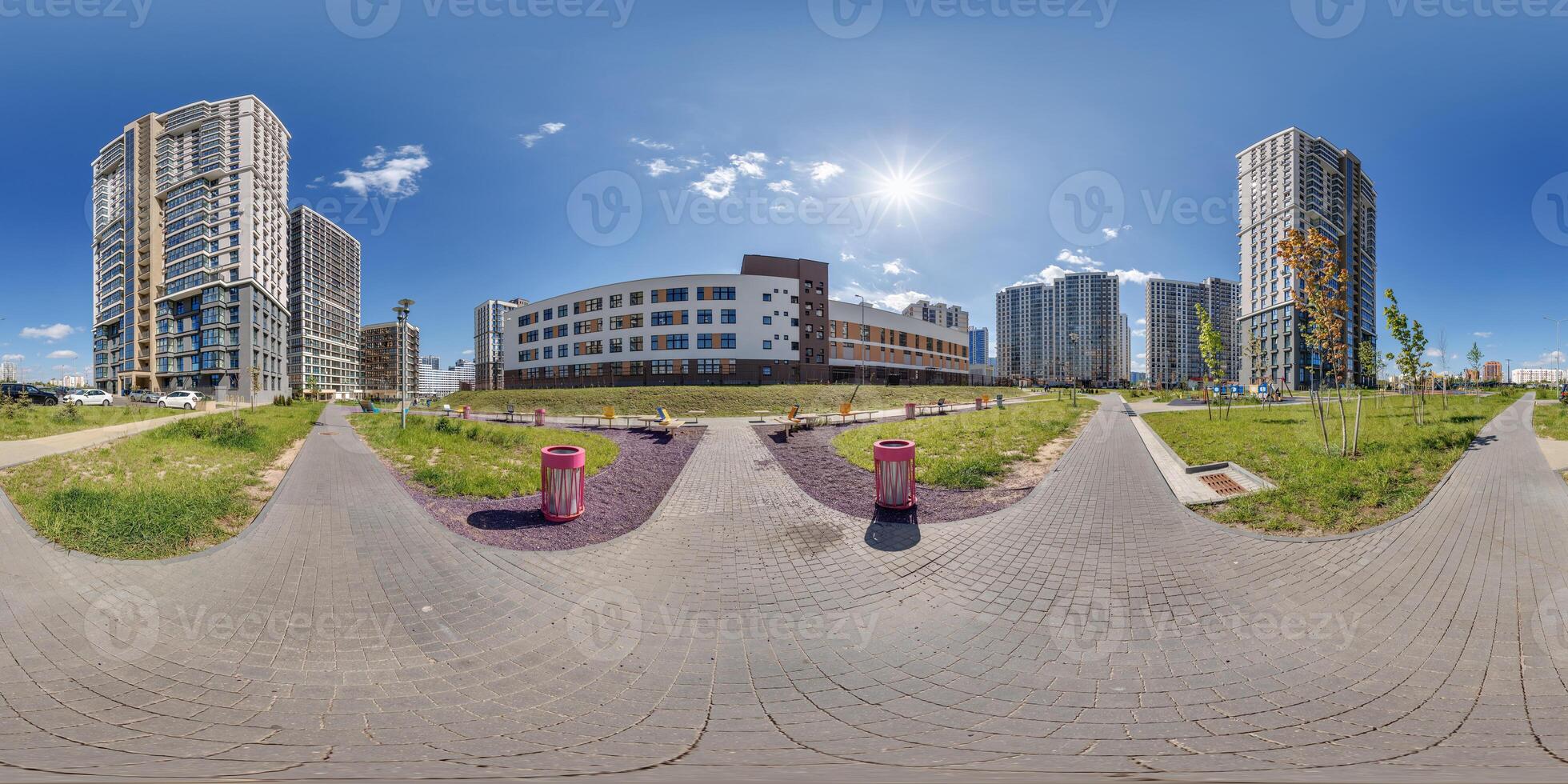 hdri 360 panorama near skyscraper multistory buildings of residential quarter complex in full equirectangular seamless spherical projection photo