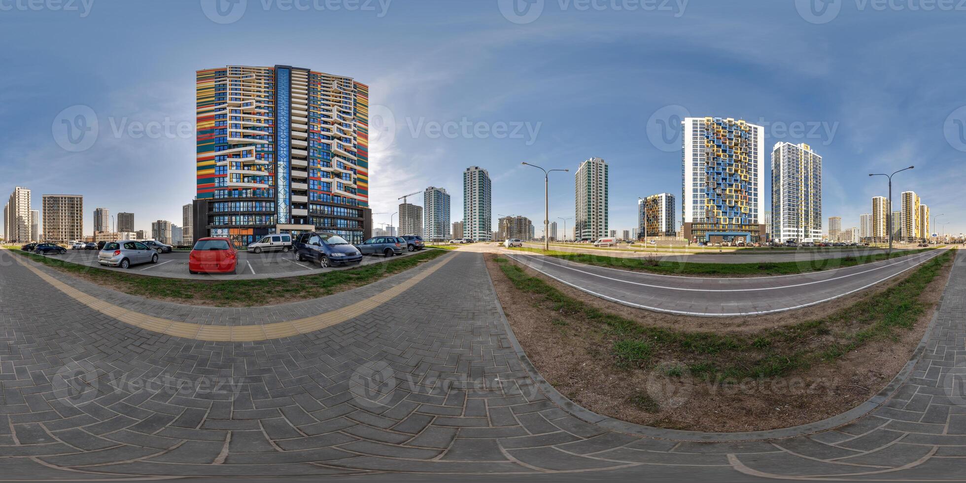 hdri 360 panorama near skyscraper multistory buildings of residential quarter complex in full equirectangular seamless spherical projection photo