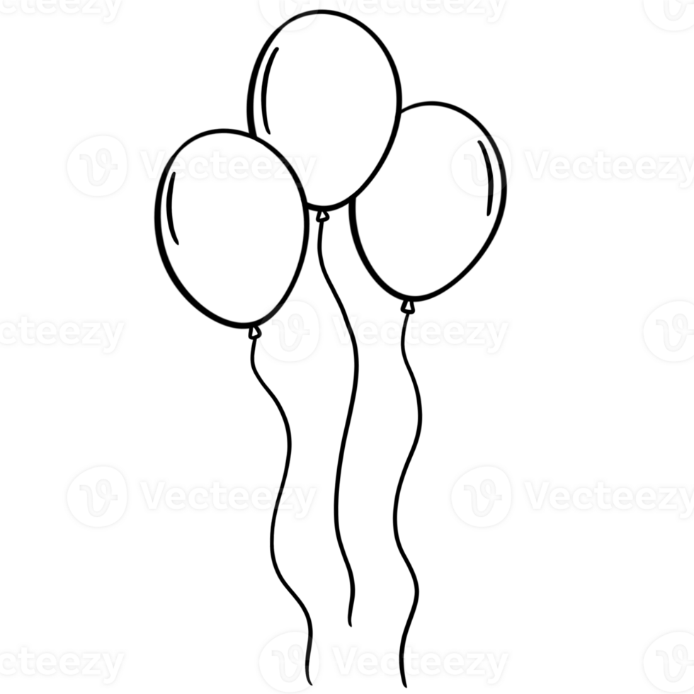 Black outline of three balloons on strings, on a transparent background png