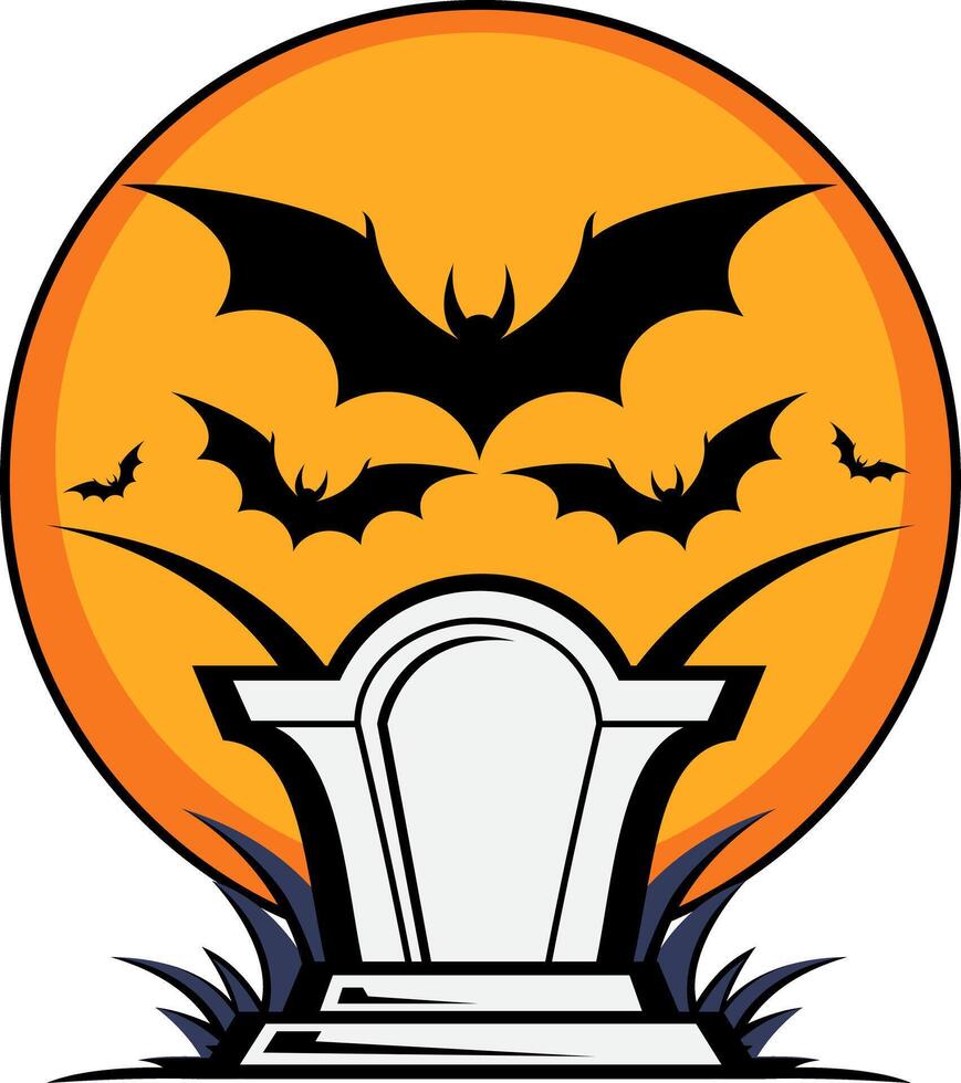 Silhouette of an old graveyard with bats taking - Gothic Headstone with Bats Against a Sunset Background, illustration vector