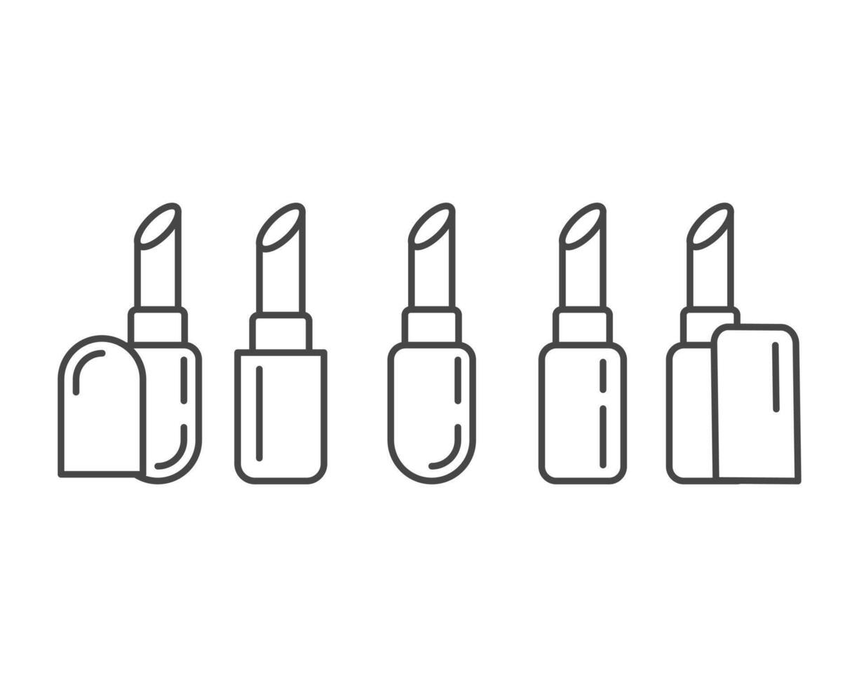 Collection makeup and cosmetics. Beauty linear graphic icons in the form of lipstick with lip care cap. vector