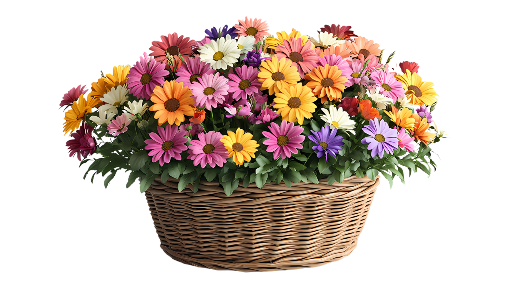 flower bouquet in wicker basket isolated on transparent background png