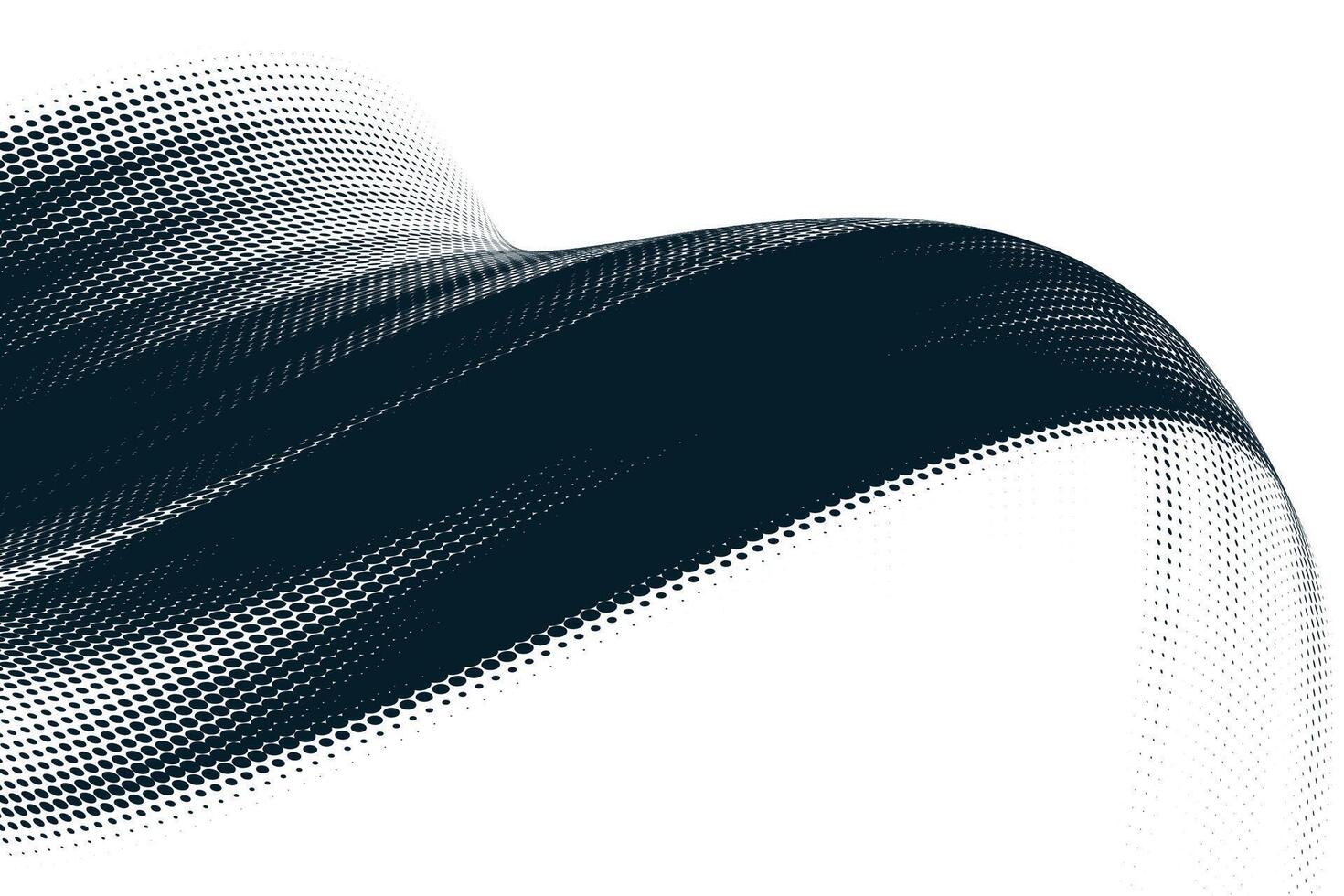A dynamic particle waves within a halftone gradient create a fluid dot curve set on a transparent background for technology, sound, music. Dots and lines halftone illustration. vector