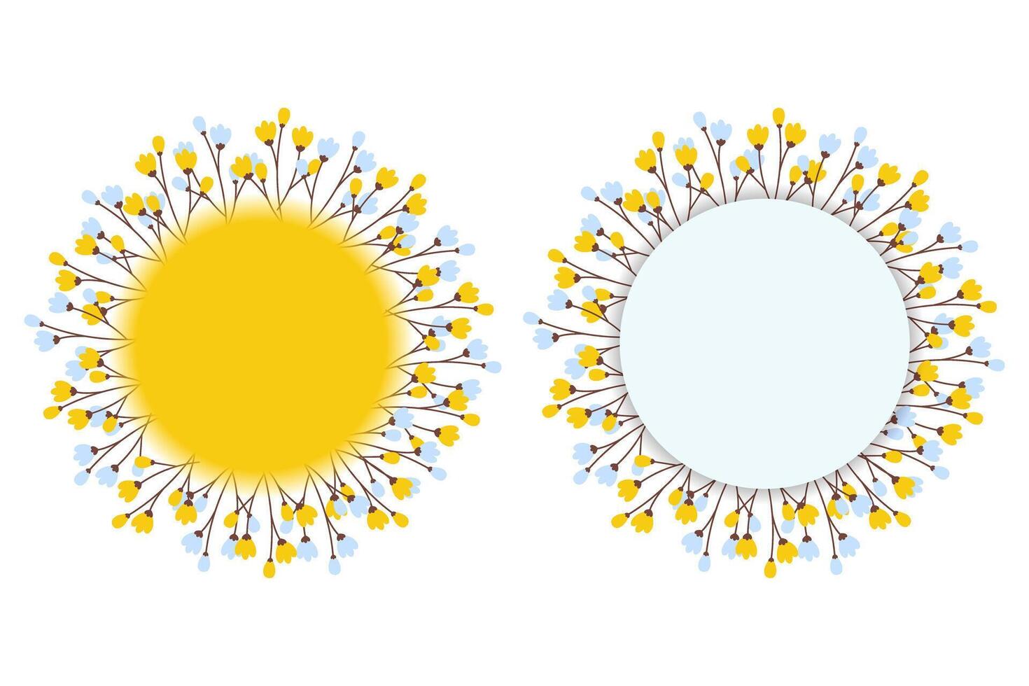 Floral circle frame with blossom branches, yellow and light blue copyspace. Set of 2 Isolated object. Lettering or cards template, posters, greetings, invitation or web, price tag illustration vector