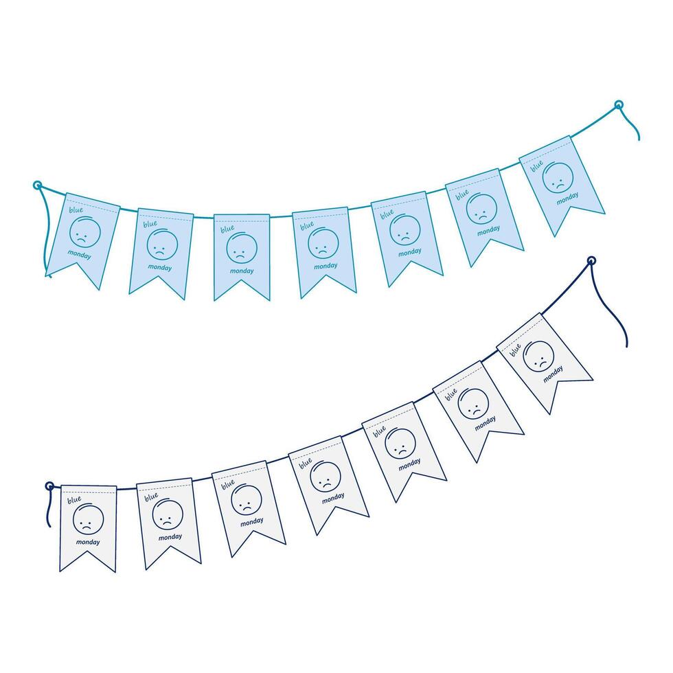 Blue Monday greeting Pennants garland on string with sad emoticon in trendy monochrome blue. Set of 2 Isolated illustration Cards, poster, banner, brochure, billboard, invitation, label or web vector