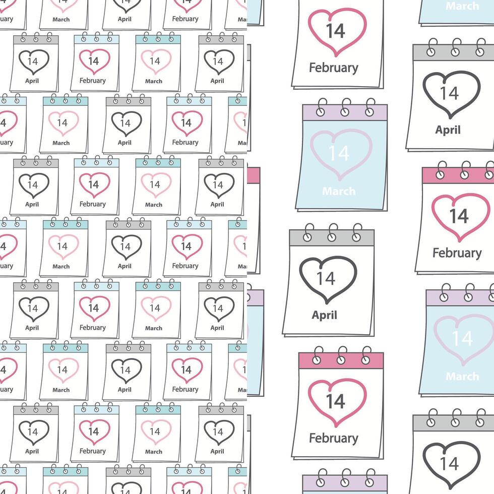 February, March, April 14 Calendar pages with date and heart shape stroke Seamless pattern Set of 2 Background Texture. Isolated Wallpaper, wrapping or web, posters, banners, promo, label, tag vector