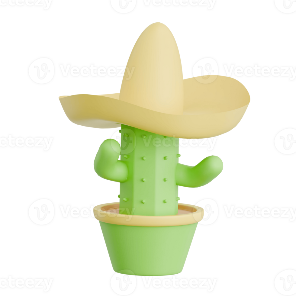 3D Render Kid Toy Cactus Character with a Sombrero Hat for Creative Play. Transparent Background png