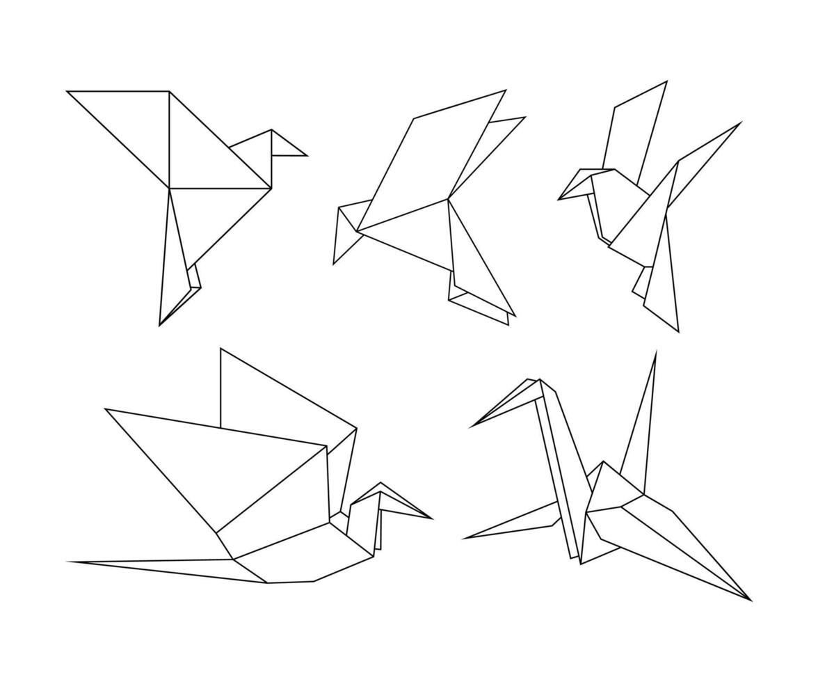 Origami birds set in outline design. vector