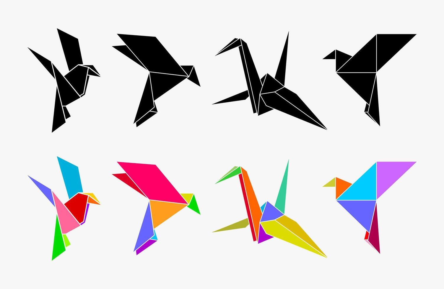 Origami bird set in black and colorful design. vector