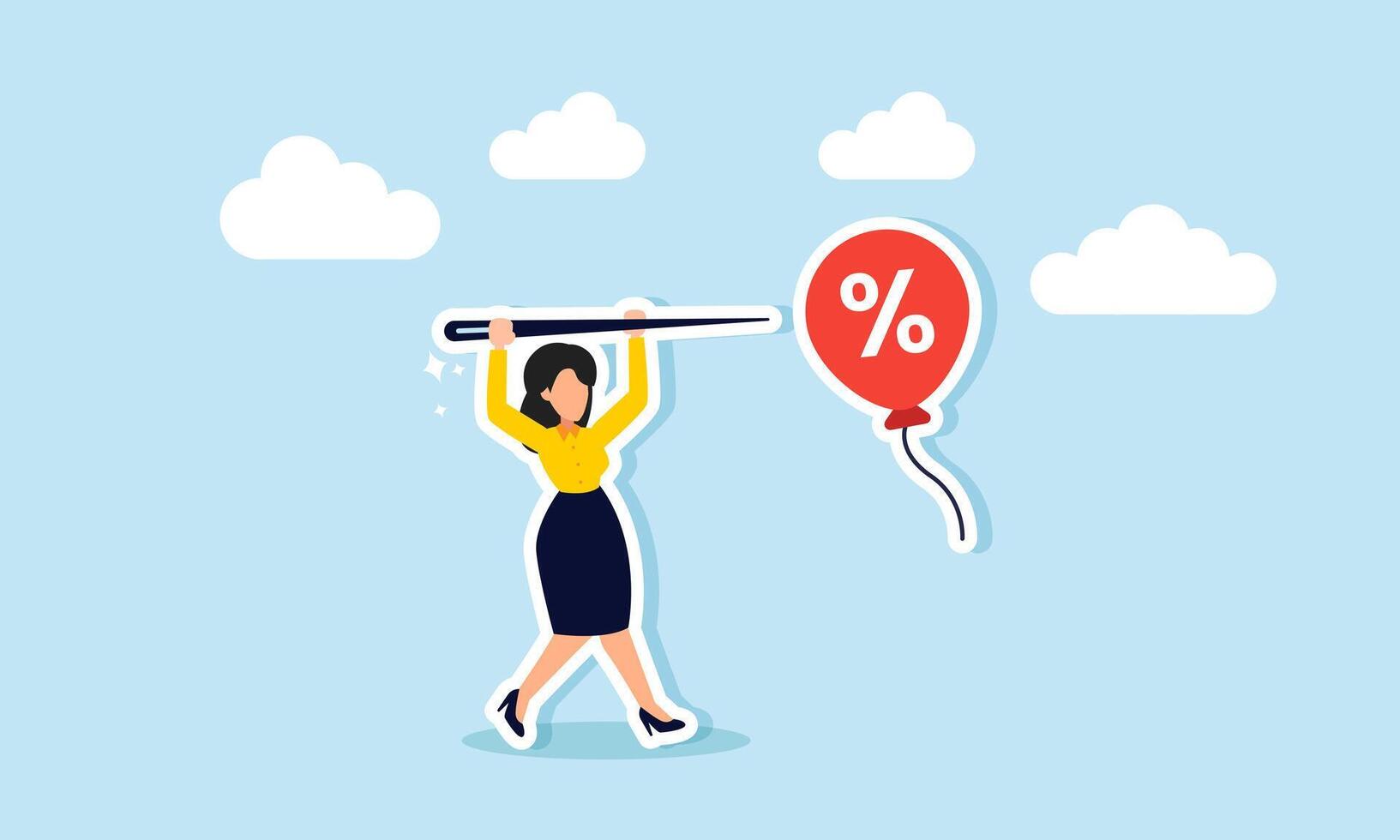 Hunting for discounts, competing for price cuts or special promotions concept of A businesswoman holding a needle, ready to pop or hunt for discount balloons or special price offers vector