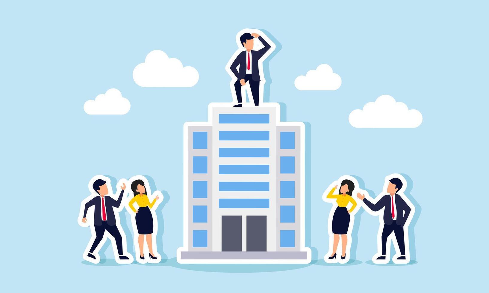A businessman standing on top of an office building, observed by his colleagues below, illustration concept of High achieving businessman or exemplary employee vector