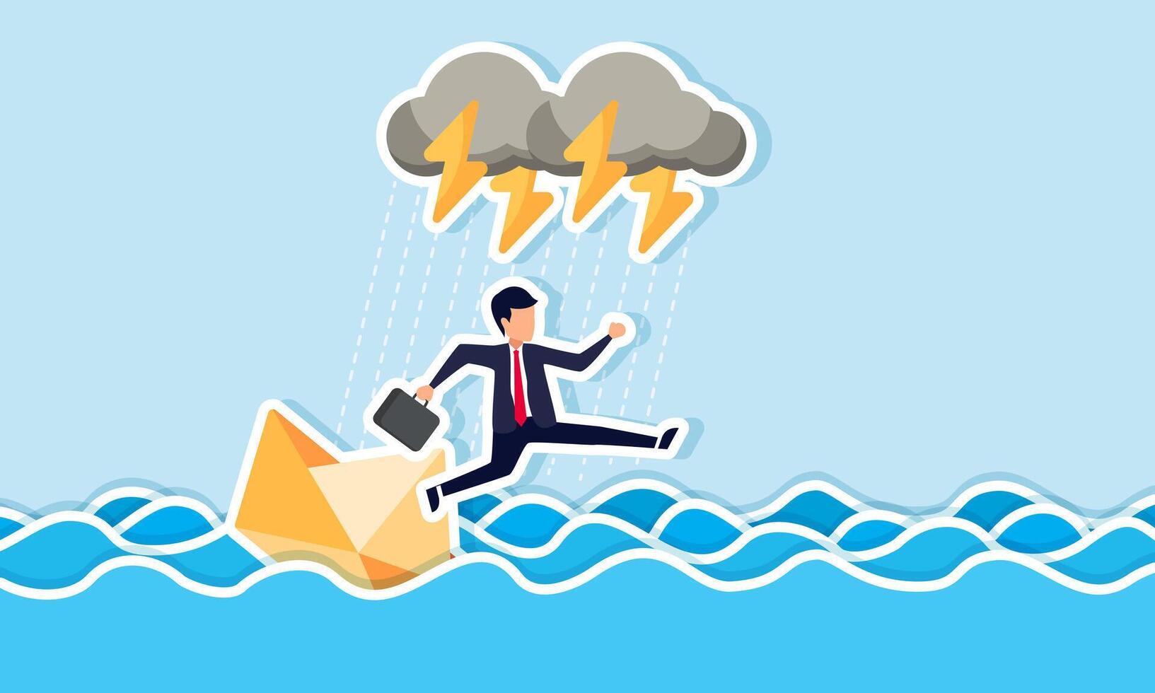 A businessman in a paper boat caught in a storm, choosing to leap into the sea, illustration concept of A businessman abandoning responsibility for issues in his business and company vector