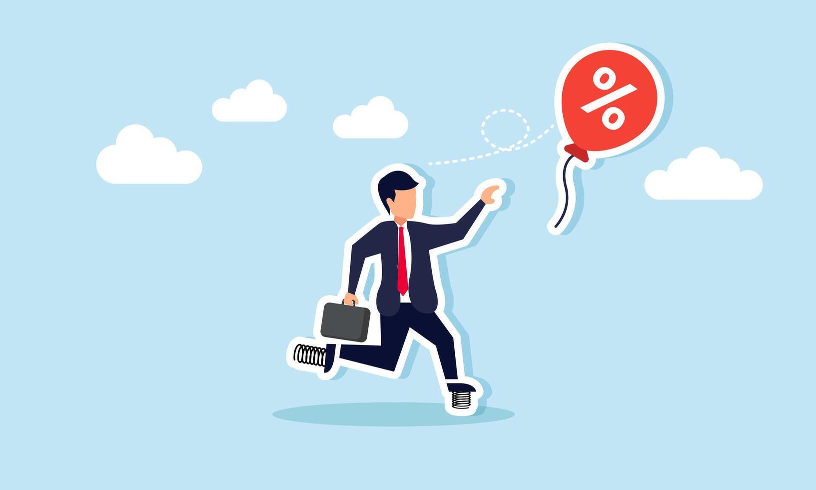 A businessman in spiked shoes running towards a red discount balloon, Illustration concept of Racing to secure discounts or promotional offers on a product or service vector