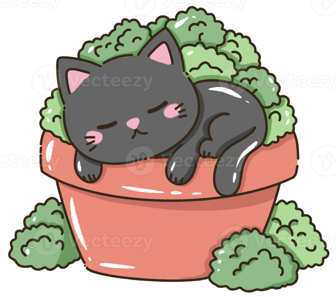 Hand drawn kawaii illustration for kids greeting cards invitation cute element of a cute black cat sleeping on a potted plants png