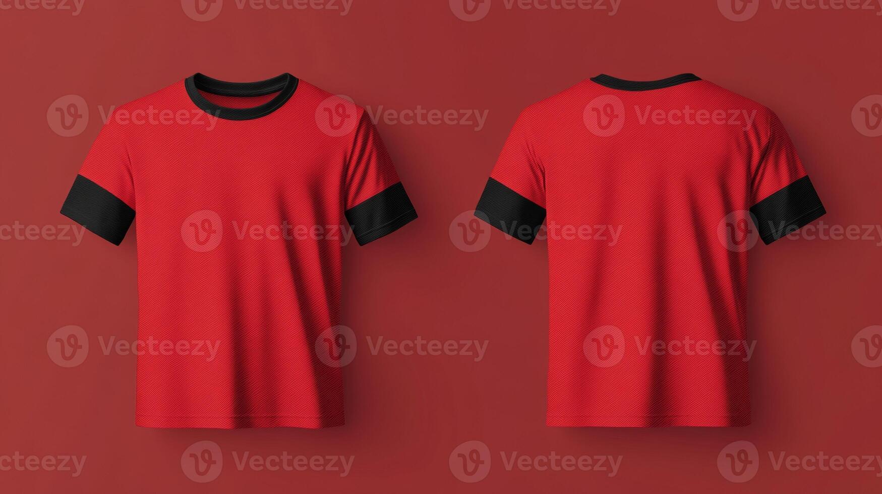 Mockup of a red short-sleeved t-shirt with blank black sleeves photo