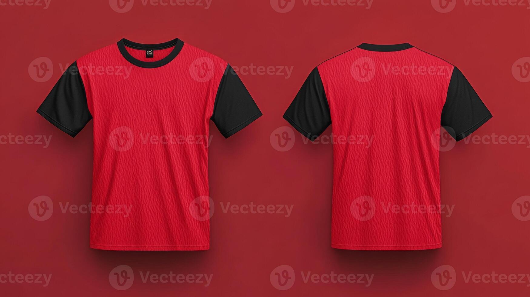 Mockup of a red short-sleeved t-shirt with blank black sleeves photo
