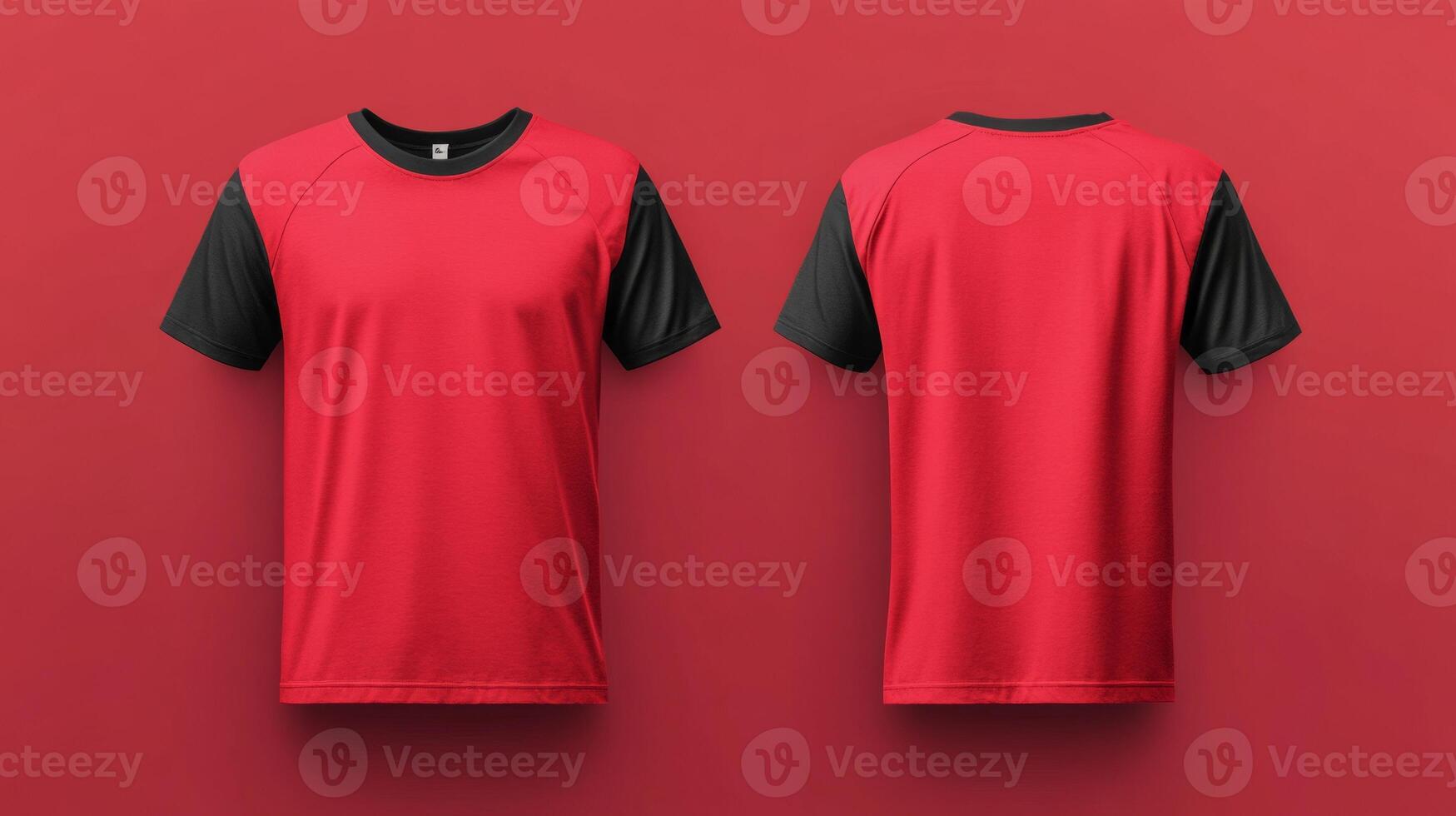 Mockup of a red short-sleeved t-shirt with blank black sleeves photo