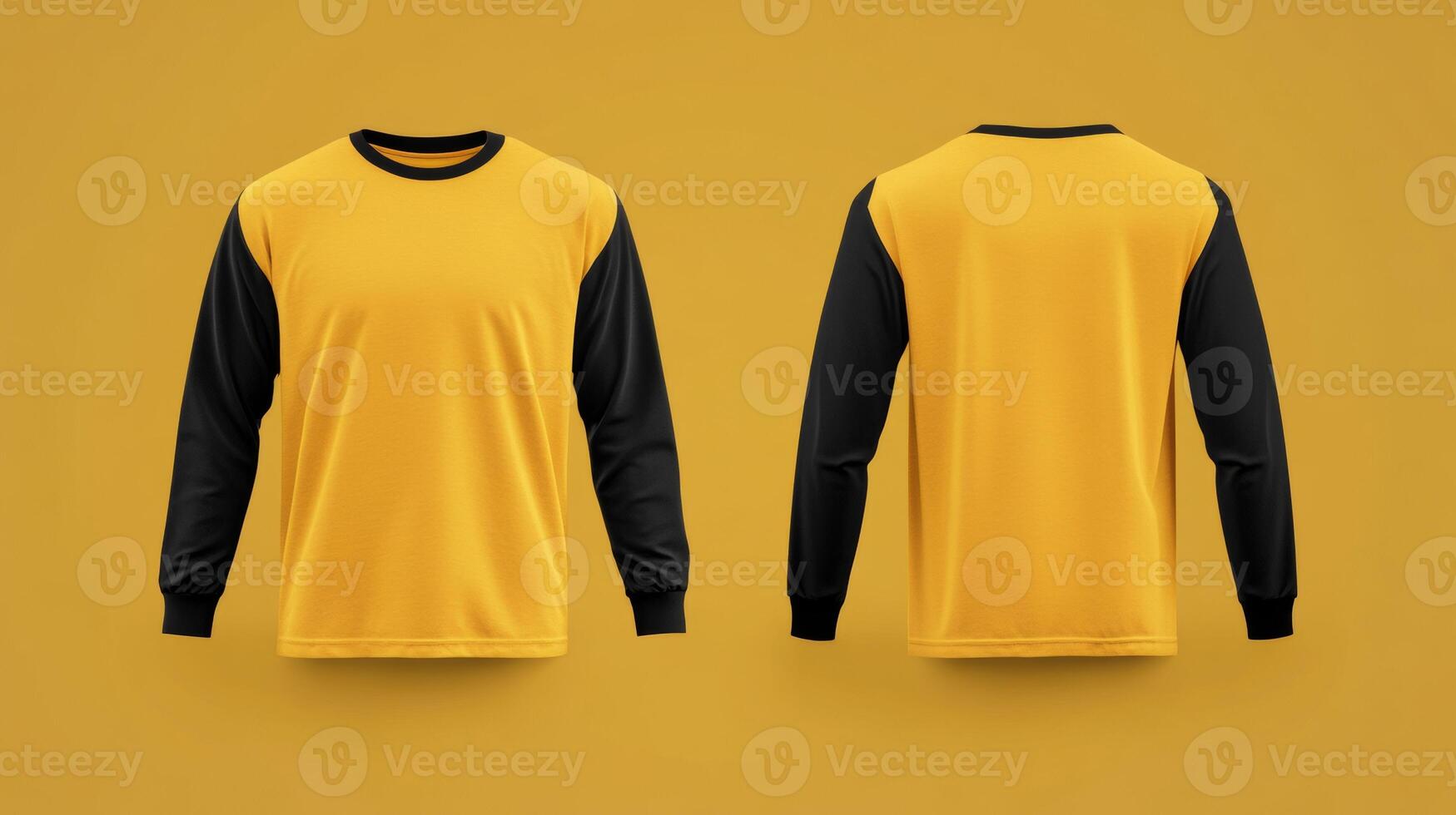 Mockup of a yellow long-sleeved t-shirt with blank black sleeves photo