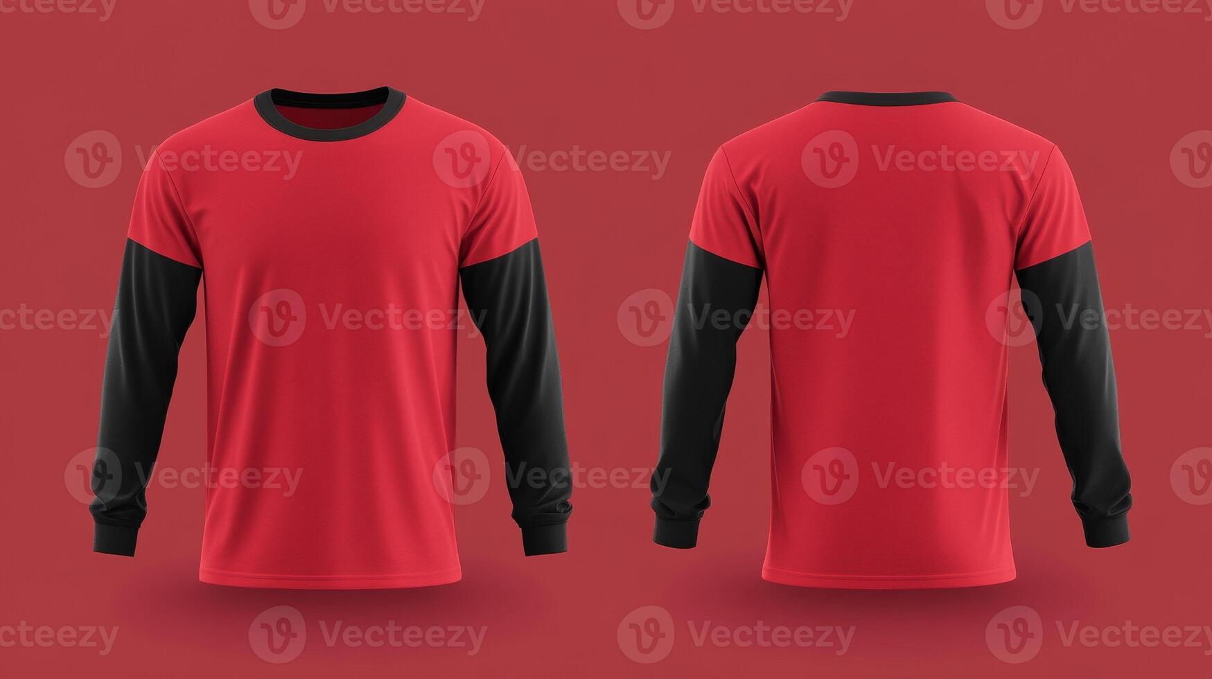 Mockup of a red long-sleeved t-shirt with blank black sleeves photo